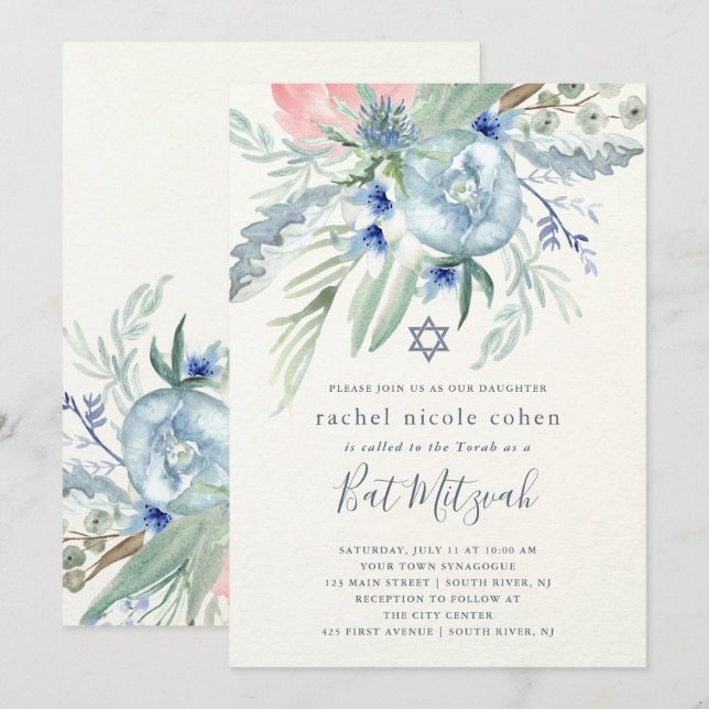 Blauer und rosa Pfingstrosen-Schläger Mitzvah Einladung (Vorne/Hinten)