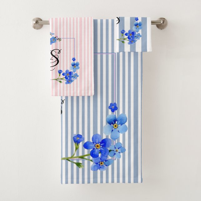 Blauer und rosa Streifen Blumenmuster Badezimmer H Badhandtuch Set (Insitu)