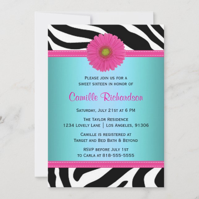 Blauer und Rosa, Zebra 16 . Geburtstag Einladung (Vorderseite)