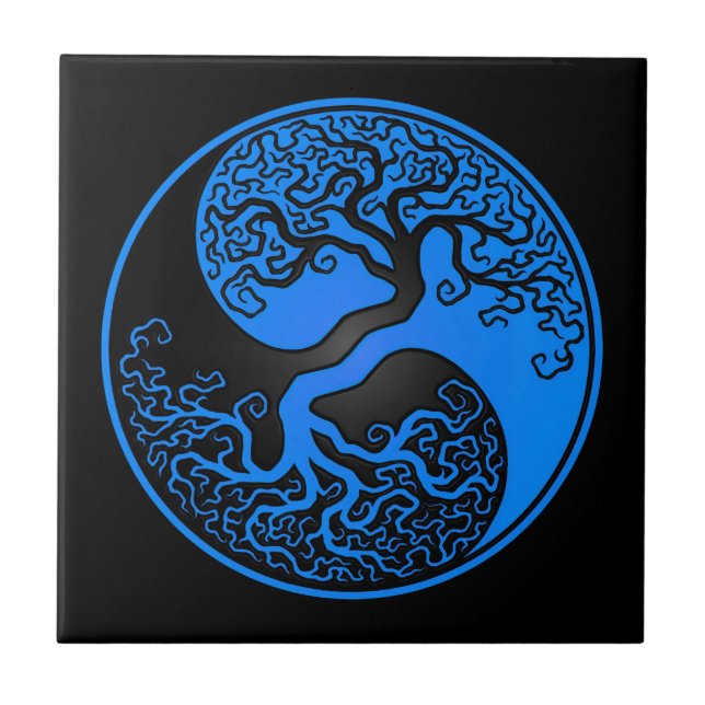 Blauer und schwarzer Baum des Lebens Yin Yang Fliese (Vorderseite)