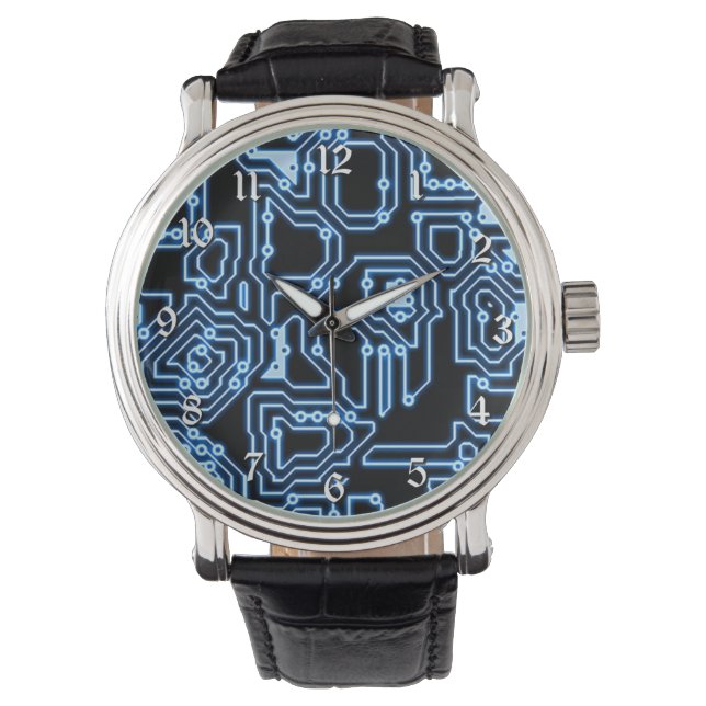 Blauer und schwarzer Computerzirkus Armbanduhr (Vorderseite)