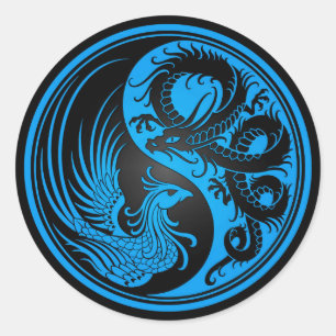 Blauer und schwarzer Drache Phoenix Yin Yang Runder Aufkleber