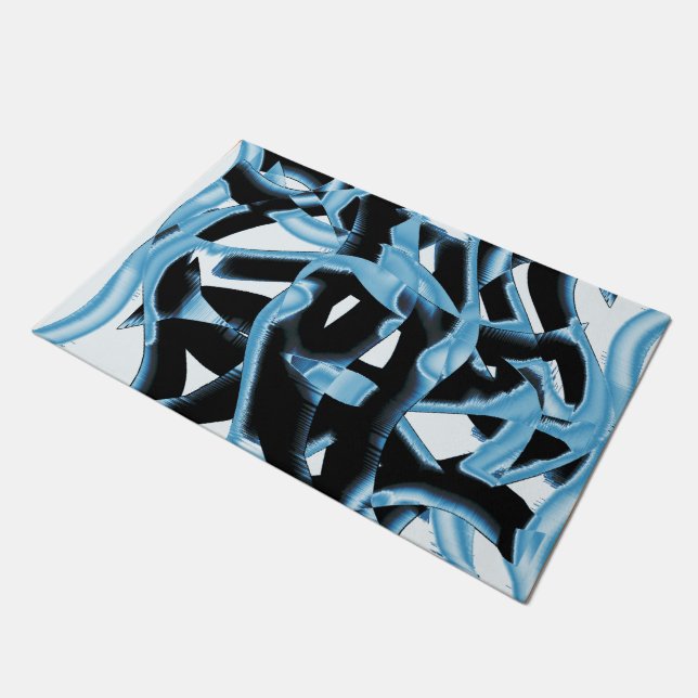 Blauer und schwarzer Schrott oder Bänder werden ze Fußmatte (Schrägansicht)