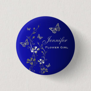 Blauer und Silberbarmherzige Blumenblume Button