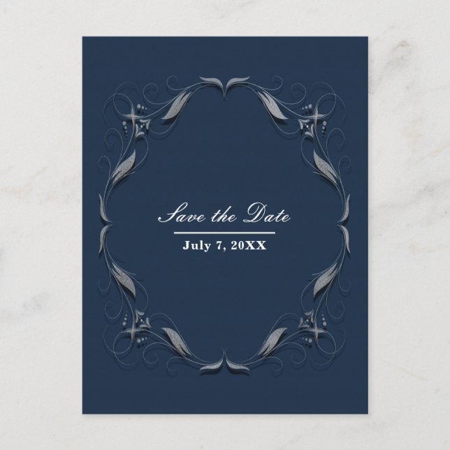 Blauer und silberer Rahmen Elegante Hochzeit Save  Ankündigungspostkarte (Vorderseite)