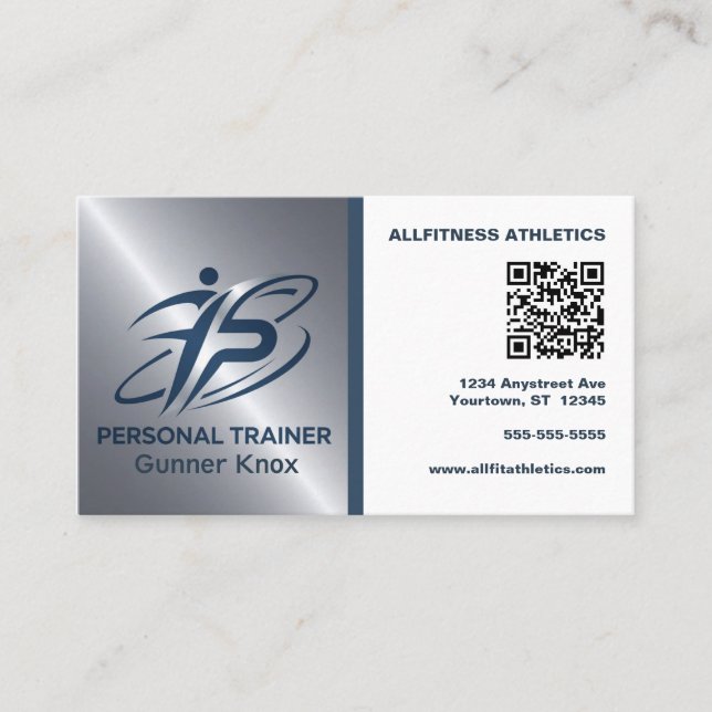 Blauer und silberner QR-Code Fitness-Trainer Visitenkarte (Vorderseite)