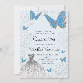 Blauer und Silberschmetterling Quinceanera Einladu Einladung