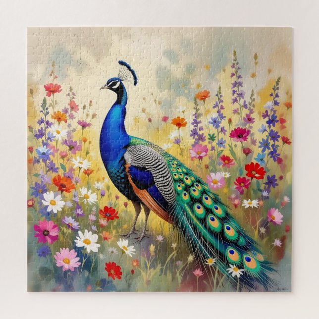 Blauer und Türkisfarbener Pfau in Blumen (Vertikal)