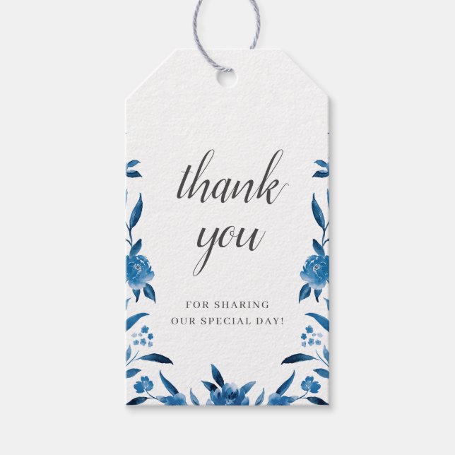 Blauer und weiße Aquarell Dank Ihnen Hochzeit Geschenkanhänger (Vorderseite)