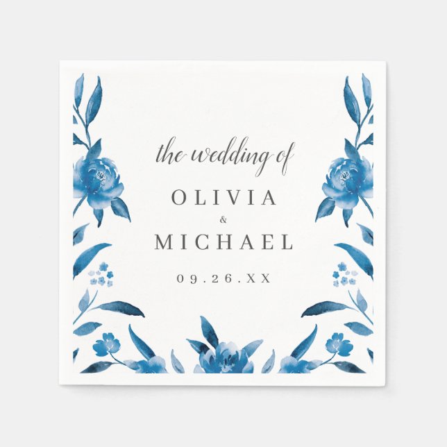 Blauer und weiße Aquarell Dank Ihnen Hochzeit Serviette (Vorderseite)