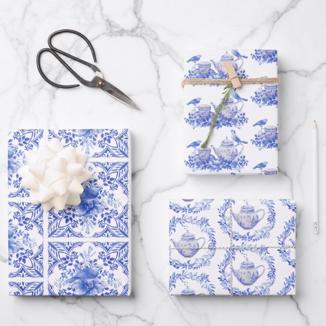 Blauer und weißer Blumenkohl mit Birnen Geschenkpapier Set (Vorderseite)