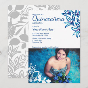 Blauer und weißer Blumenstrauß Quinceñera Foto Ein Einladung