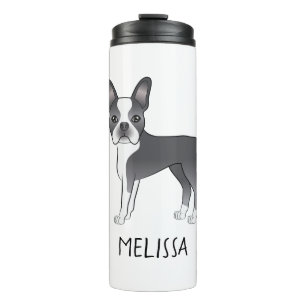 Blauer und weißer Boston-Terrier-Cartoon-Hund & Na Thermosbecher