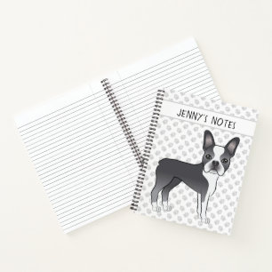 Blauer und weißer Boston-Terrier-Cartoon-Hund und Notizbuch