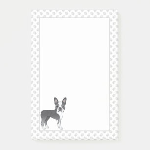 Blauer und weißer Boston-Terrier-Cartoon-Hund und Post-it Klebezettel