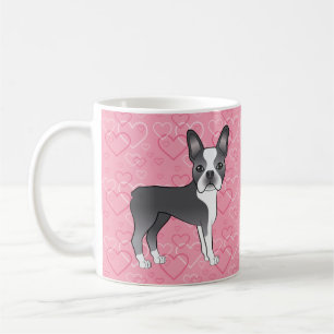 Blauer und weißer Boston Terrier Hund auf rosa Her Kaffeetasse