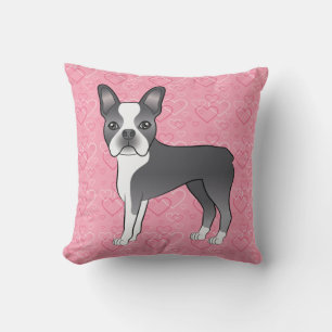 Blauer und weißer Boston Terrier Hund auf rosa Her Kissen
