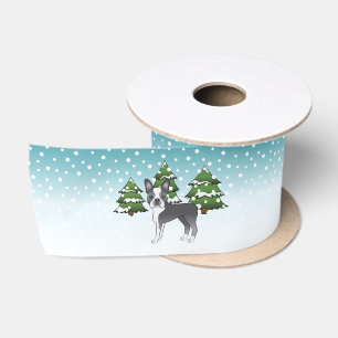 Blauer und weißer Boston Terrier in einem Winterwa Satinband