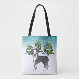 Blauer und weißer Boston Terrier in einem Winterwa Tasche