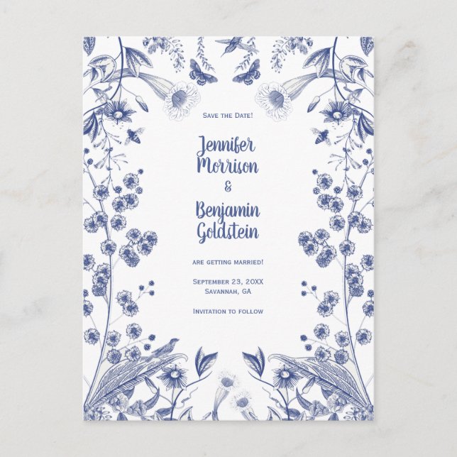 Blauer und weißer botanischer Garten Save the Date Postkarte (Vorderseite)