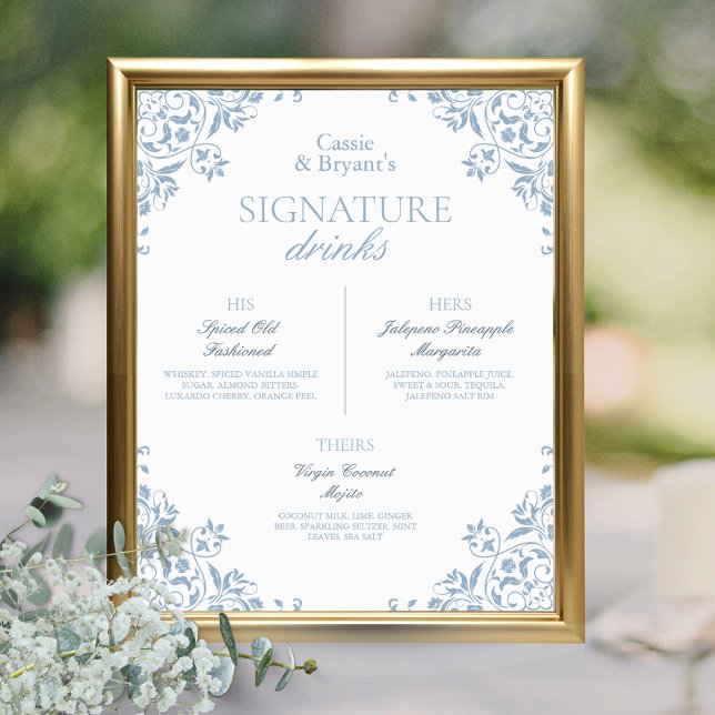 Blauer und weißer Chic Hochzeitssignaturgetränke Poster (Elegant blue and white vintage coastal chic wedding signature drinks bar menu sign poster his hers)