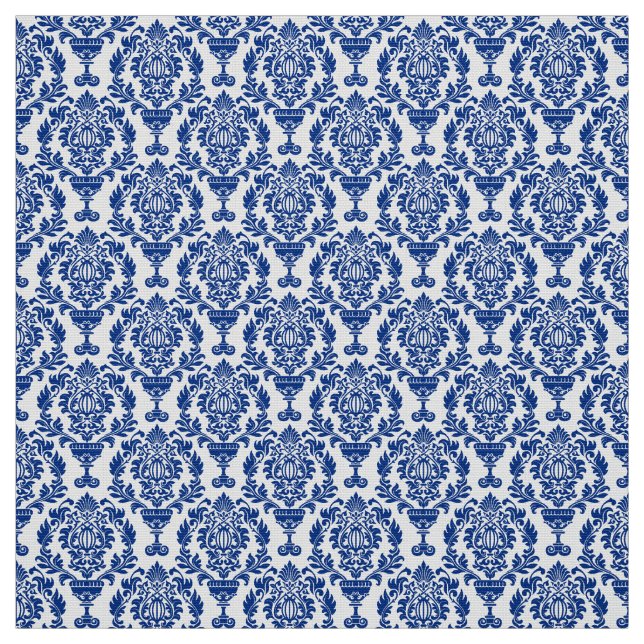 blauer und weißer Damaststoff. Stoff (Muster)