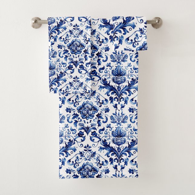 Blauer und weißer Delft-Stil Blumenmuster Badhandtuch Set (Insitu)