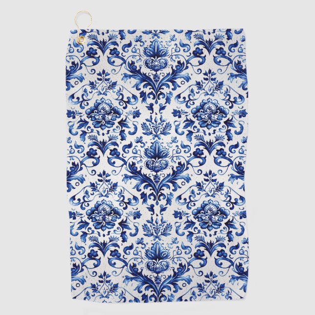 Blauer und weißer Delft-Stil Blumenmuster Golfhandtuch (Vorderseite)