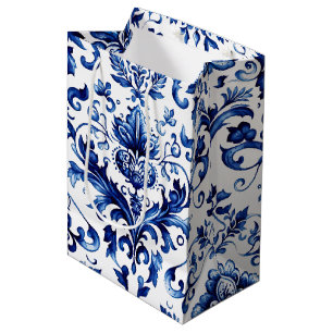 Blauer und weißer Delft-Stil Blumenmuster Mittlere Geschenktüte