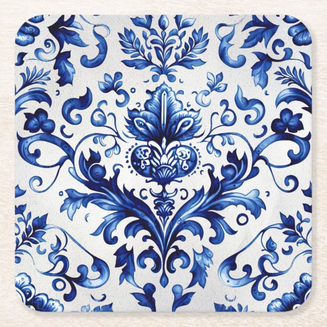 Blauer und weißer Delft-Stil Blumenmuster Rechteckiger Pappuntersetzer (Vorderseite)