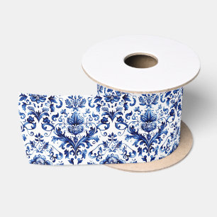 Blauer und weißer Delft-Stil Blumenmuster Satinband