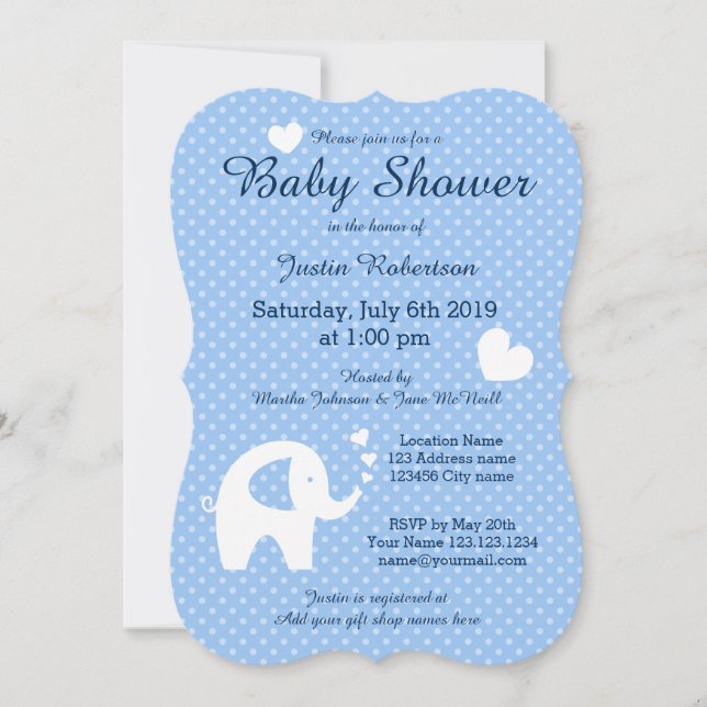 Blauer und weißer Elefant, Baby Dusche Einladung (Vorderseite)