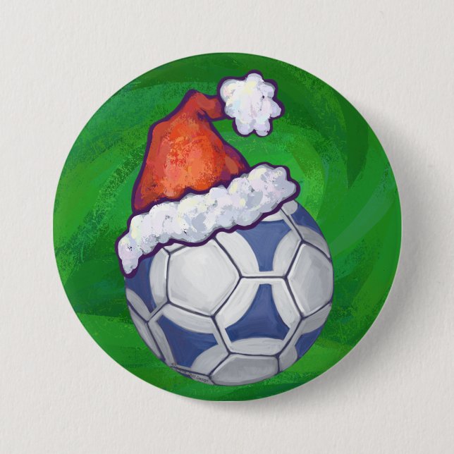 Blauer und weißer festlicher Fußball auf Grün Button (Vorderseite)