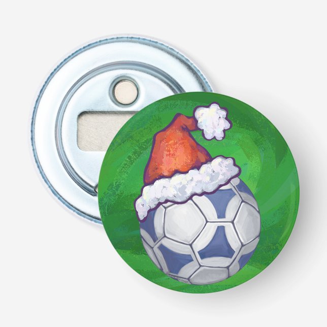 Blauer und weißer festlicher Fußball auf Grün Flaschenöffner (Vorderseite)