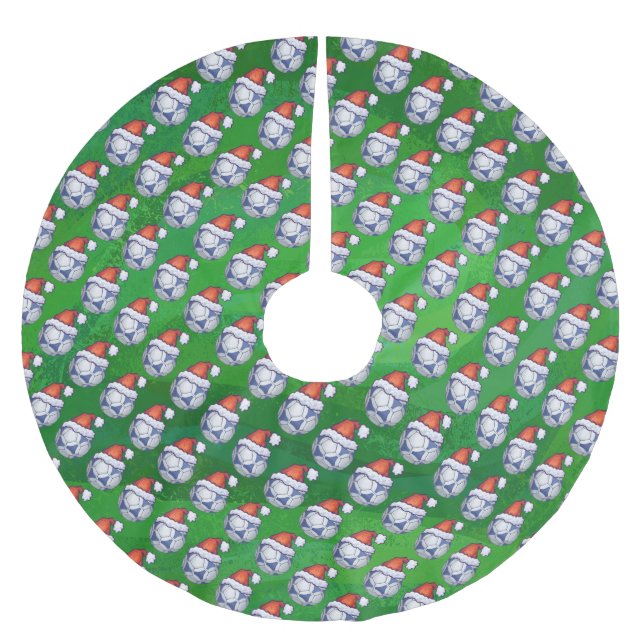 Blauer und weißer festlicher Fußball auf Grün Polyester Weihnachtsbaumdecke (Vorderseite)
