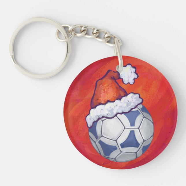 Blauer und weißer festlicher Fußball auf Rot Schlüsselanhänger (Vorderseite)