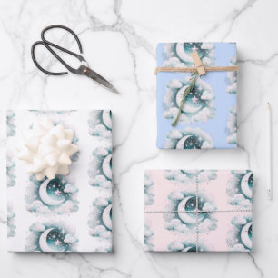 Blauer und weißer Halbmond, himmlisch, Boho modern Geschenkpapier Set