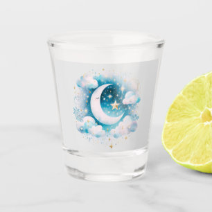 Blauer und weißer Halbmond, zelotisch Boho Modern Schnapsglas