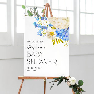 Blauer und weißer Hydrangeas Babydusche Empfang Poster