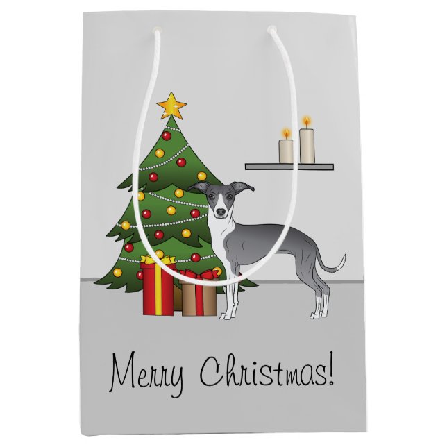 Blauer und weißer italienischer Grauthund & Weihna Mittlere Geschenktüte (Vorderseite)