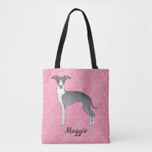 Blauer und weißer Italienischer Windhund auf rosa Tasche