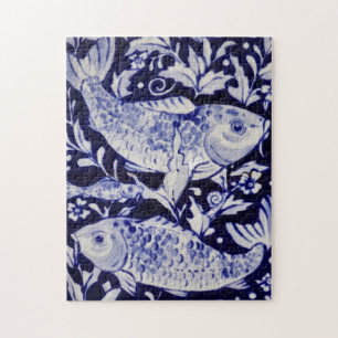 Blauer und weißer Koi Fisch Schwieriges Jigsaw Pu