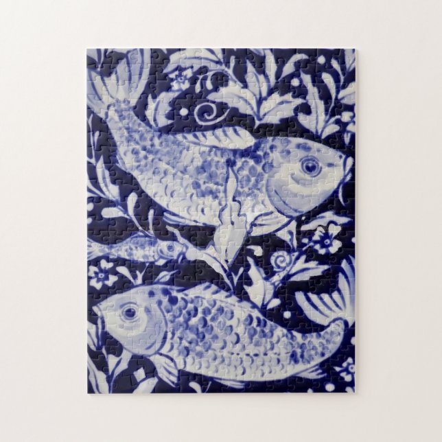 Blauer und weißer Koi Fisch Schwieriges Jigsaw Puz (Vertikal)