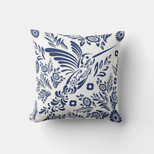 Blauer und weißer Kolibri-Mexikanischer Floral Tal Kissen