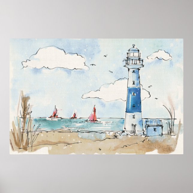 Blauer und weißer Leuchtturm Poster (Vorne)