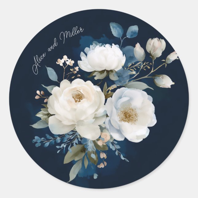 Blauer und weißer Painterly Floral Wedding Vielen  Runder Aufkleber (Vorderseite)