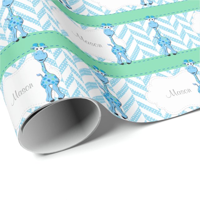 Blauer und weißer Polka-Dot mit blauer Giraffe Geschenkpapier (Rolleneckpunkt)