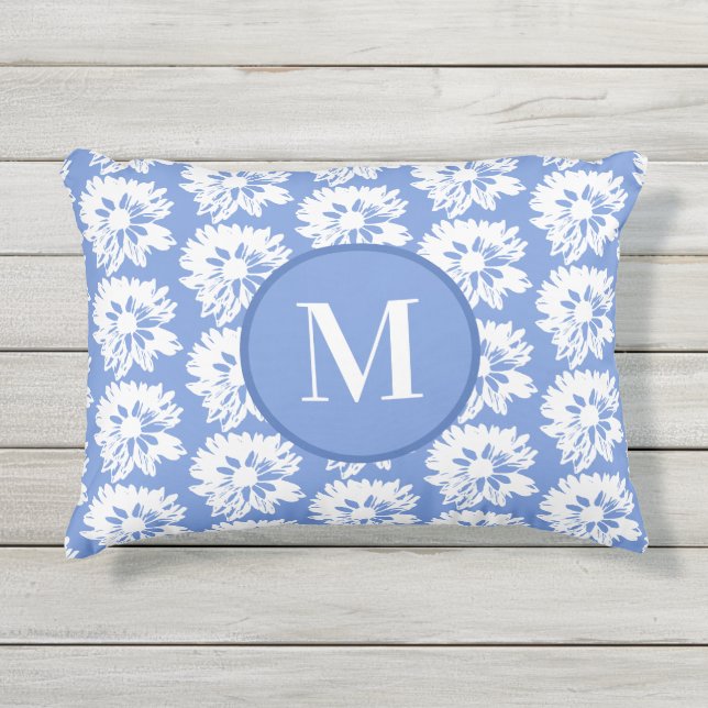 Blauer und weißer rechteckiger Sommer Monogramm Kissen Für Draußen (Vorderseite)