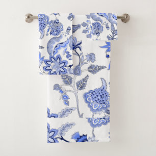 Blauer und weißer romantischer Chintz mit Blumen Badhandtuch Set