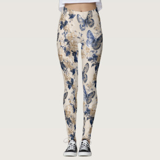 Blauer und weißer Schmetterling und Blumenmuster Leggings